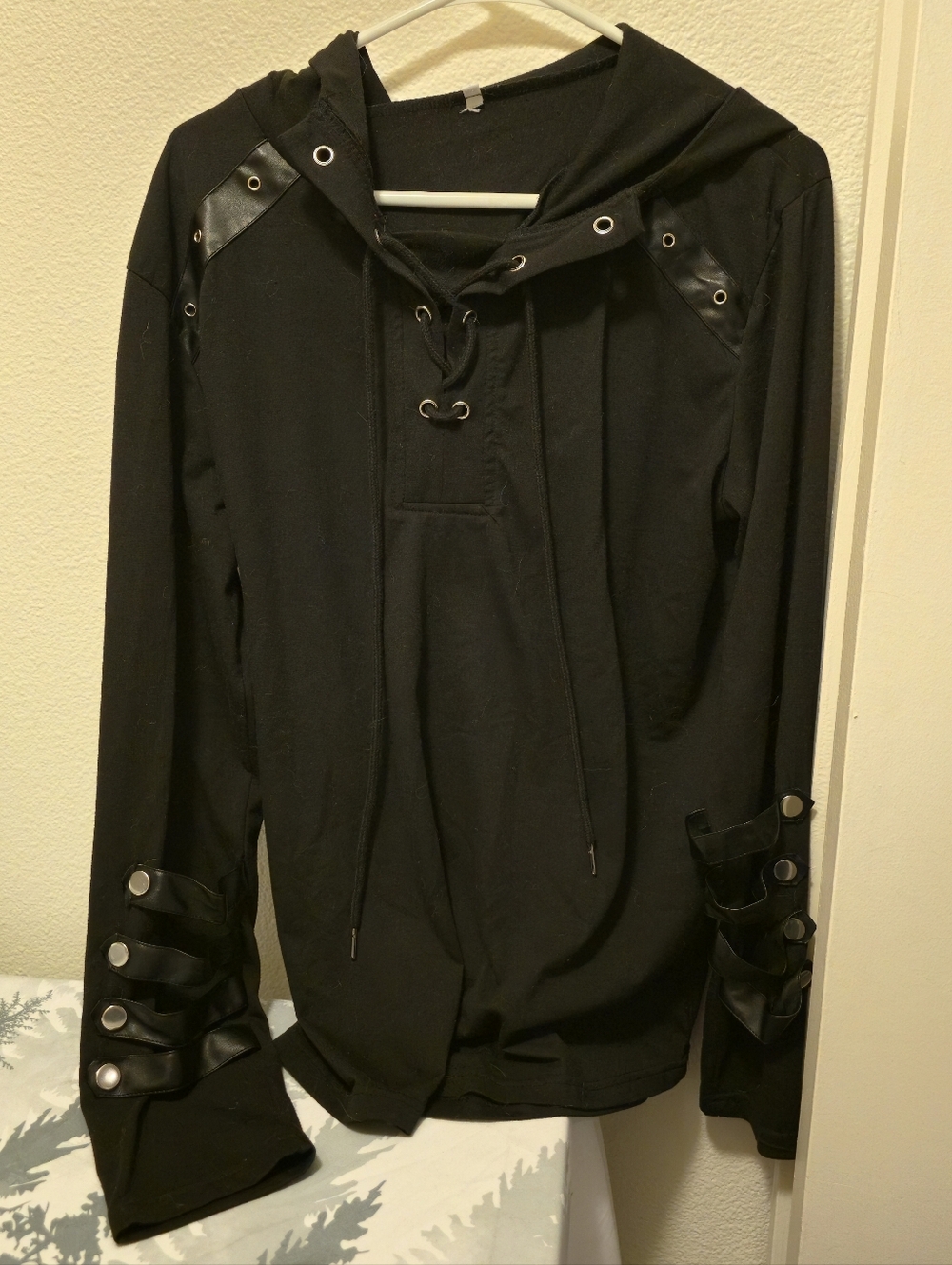 Black Hooded Goth Pullover with Faux Leather And Silver-toned Accents Lightweigh